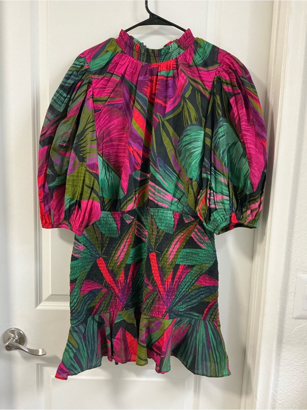NWT FARM RIO Girls Midnight Leaves Mini Dress Women’s XL Tropical Smocked Puff